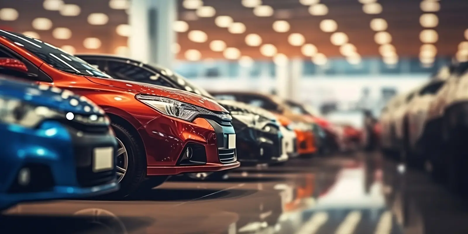 Front-line dealership inventory presented in an orderly row, red vehicle prominent
